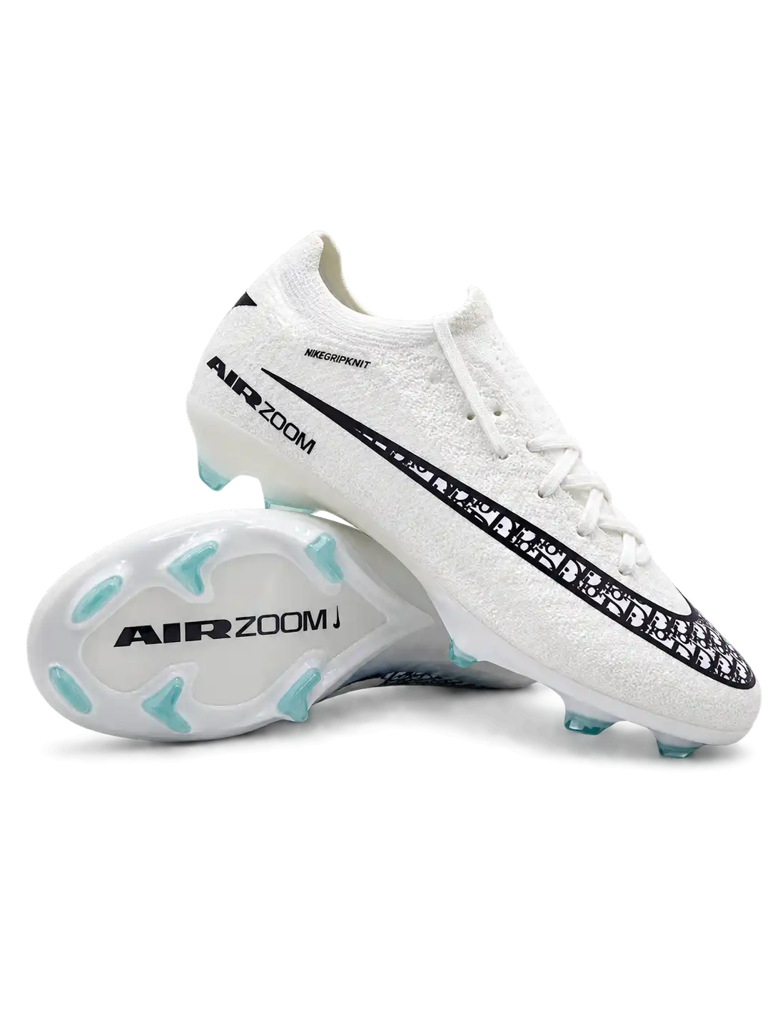 White Nike Mercurial-style FG soccer cleats with black patterned Swoosh, AIR ZOOM graphics, and translucent mint-colored studs, shown from the side and outsole.