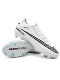White Nike Mercurial-style FG soccer cleats with black patterned Swoosh, AIR ZOOM graphics, and translucent mint-colored studs, shown from the side and outsole.