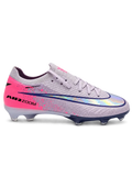 Nike Mercurial FG soccer cleats in lilac with a pink heel panel, pink paint-splatter accents, a navy-outlined holographic Swoosh, and Air Zoom heel lettering, plus a navy soleplate with a blue Air Zoom window, shown from the lateral side and outsole.