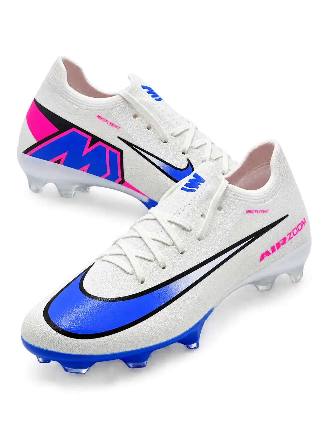 Nike Mercurial FG soccer cleats in white with a black-outlined white-to-blue gradient Swoosh, pink Air Zoom heel lettering, and an oversized blue and pink M heel logo, shown as a pair.