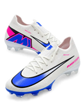 Nike Mercurial FG soccer cleats in white with a black-outlined white-to-blue gradient Swoosh, pink Air Zoom heel lettering, and an oversized blue and pink M heel logo, shown as a pair.