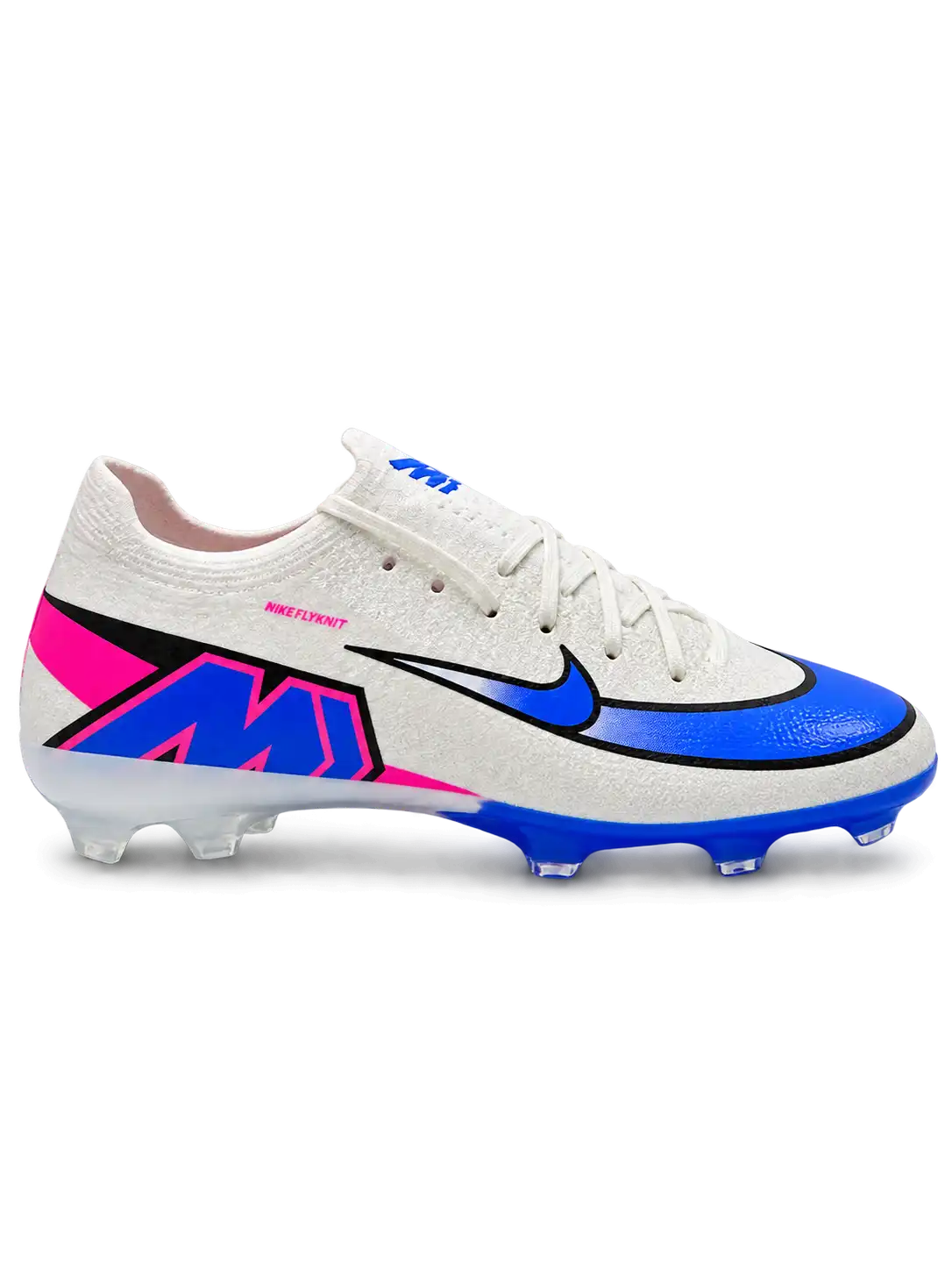 Nike Mercurial FG soccer cleats in white with a black-outlined white-to-blue gradient Swoosh, pink Air Zoom heel lettering, and an oversized blue and pink M heel logo, shown as a pair.