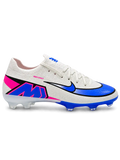 Nike Mercurial FG soccer cleats in white with a black-outlined white-to-blue gradient Swoosh, pink Air Zoom heel lettering, and an oversized blue and pink M heel logo, shown as a pair.