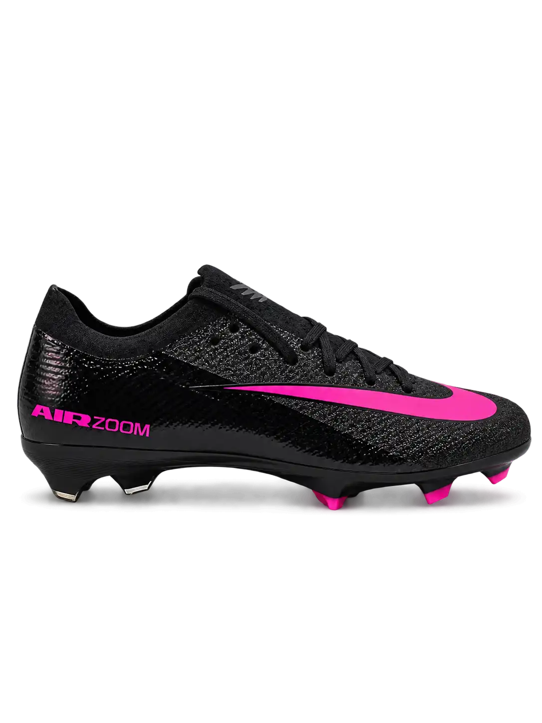 Nike Mercurial FG soccer cleats in black with a hot pink Swoosh and pink Air Zoom heel lettering, plus a black soleplate with a navy Air Zoom window and pink-tipped studs, shown from the lateral side and outsole.