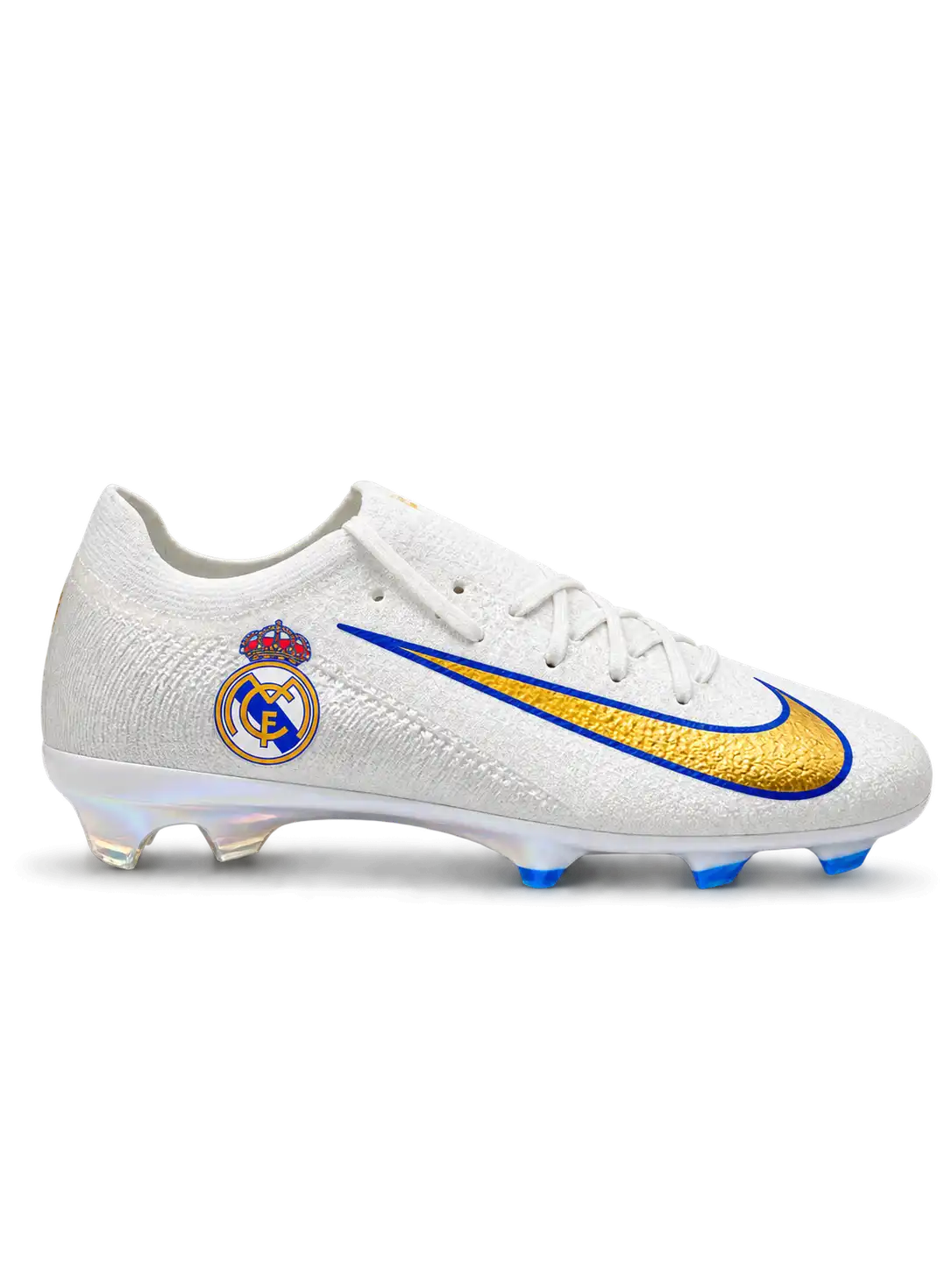 White Nike Mercurial-style FG soccer cleats with a Real Madrid crest, metallic gold Swoosh outlined in blue, and iridescent outsole with blue studs.