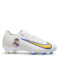 White Nike Mercurial-style FG soccer cleats with a Real Madrid crest, metallic gold Swoosh outlined in blue, and iridescent outsole with blue studs.