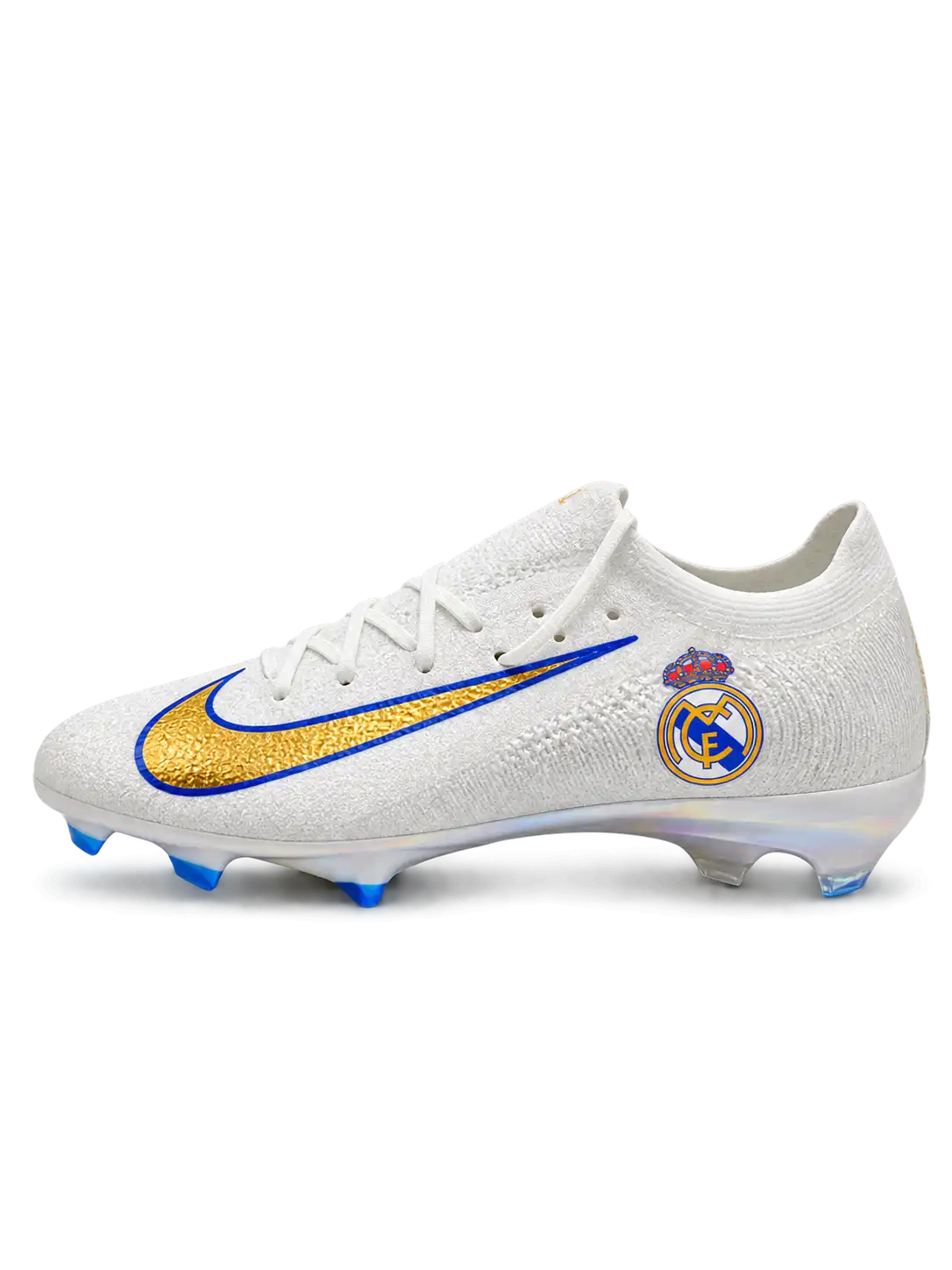 White Nike Mercurial-style FG soccer cleats with a Real Madrid crest, metallic gold Swoosh outlined in blue, and iridescent outsole with blue studs.