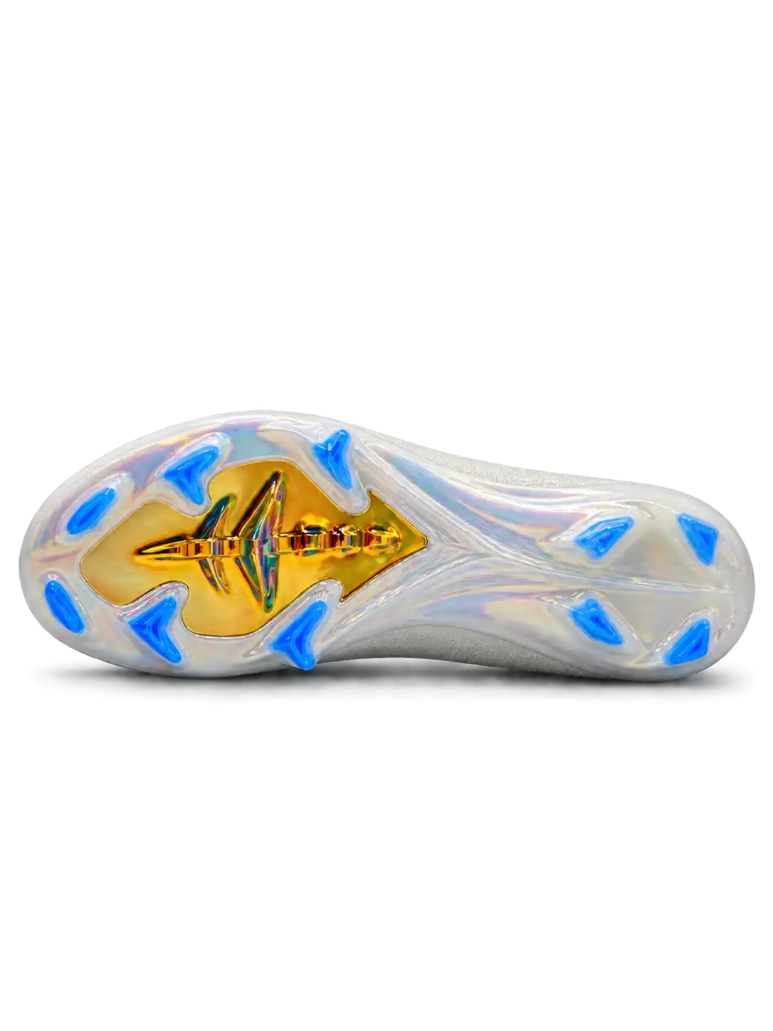 White Nike Mercurial-style FG soccer cleats with a Real Madrid crest, metallic gold Swoosh outlined in blue, and iridescent outsole with blue studs.