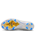 White Nike Mercurial-style FG soccer cleats with a Real Madrid crest, metallic gold Swoosh outlined in blue, and iridescent outsole with blue studs.