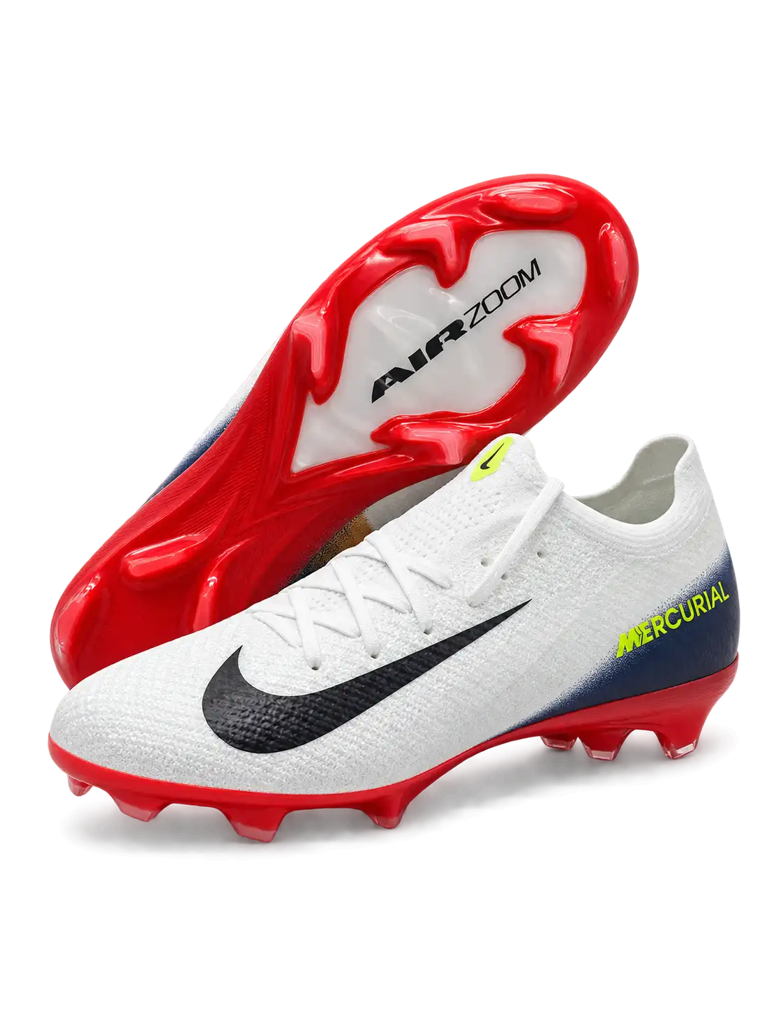White Nike Mercurial-style FG soccer cleats with black Swoosh, navy gradient heel, neon yellow MERCURIAL lettering, and glossy red AIR ZOOM-branded outsole.
