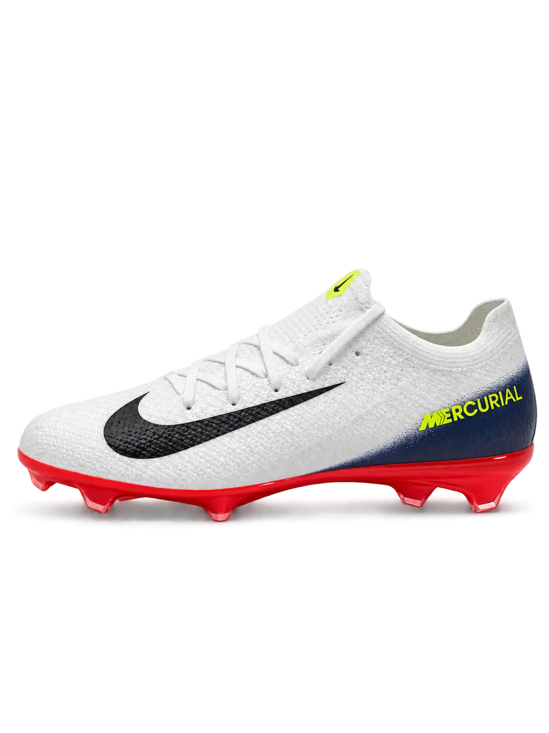 White Nike Mercurial-style FG soccer cleats with black Swoosh, navy gradient heel, neon yellow MERCURIAL lettering, and glossy red AIR ZOOM-branded outsole.