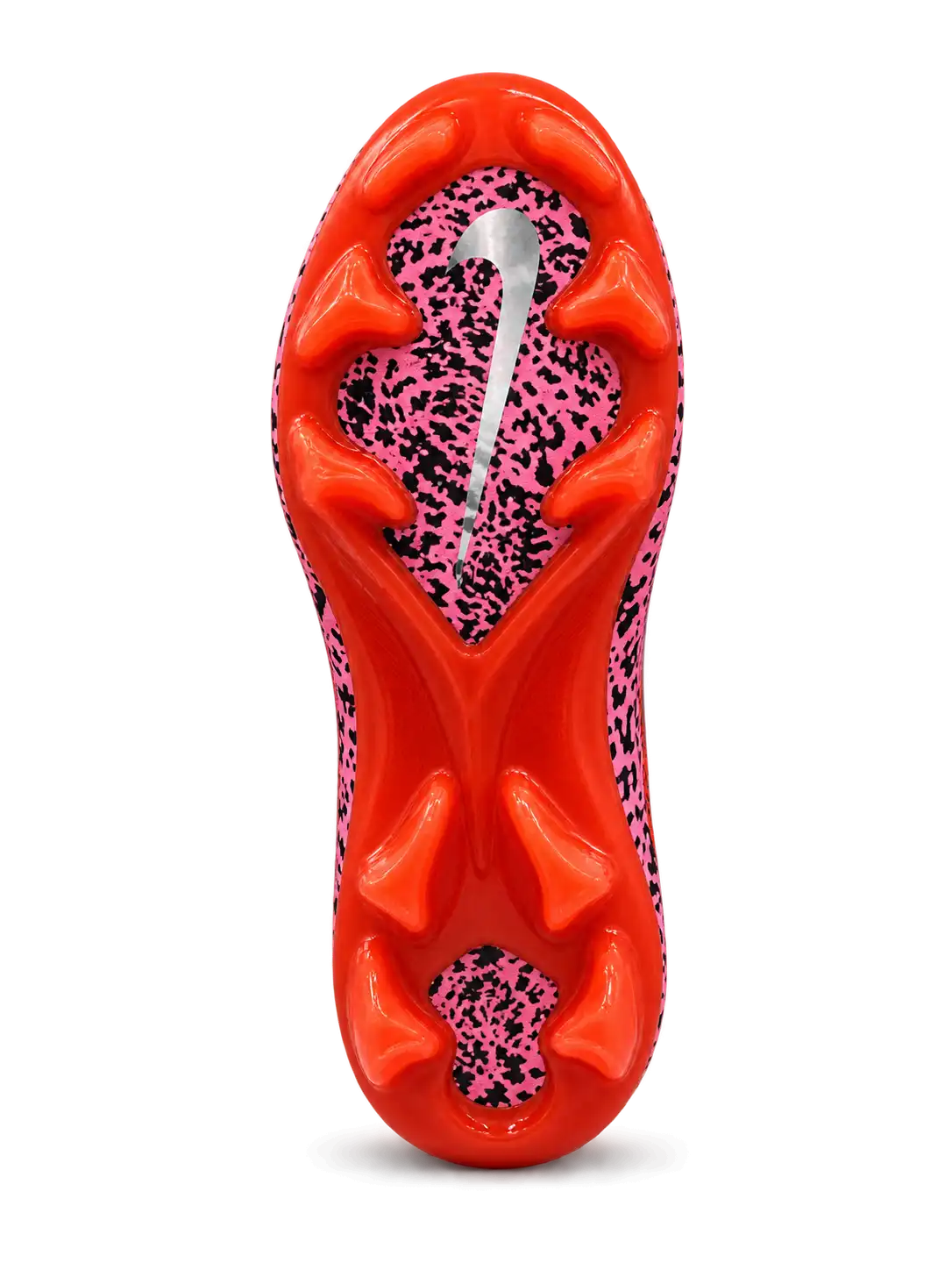 Nike Mercurial-style FG soccer cleats with orange and pink Safari-inspired black graphics, metallic silver Swoosh, burgundy laces, and glossy red studded outsole.
