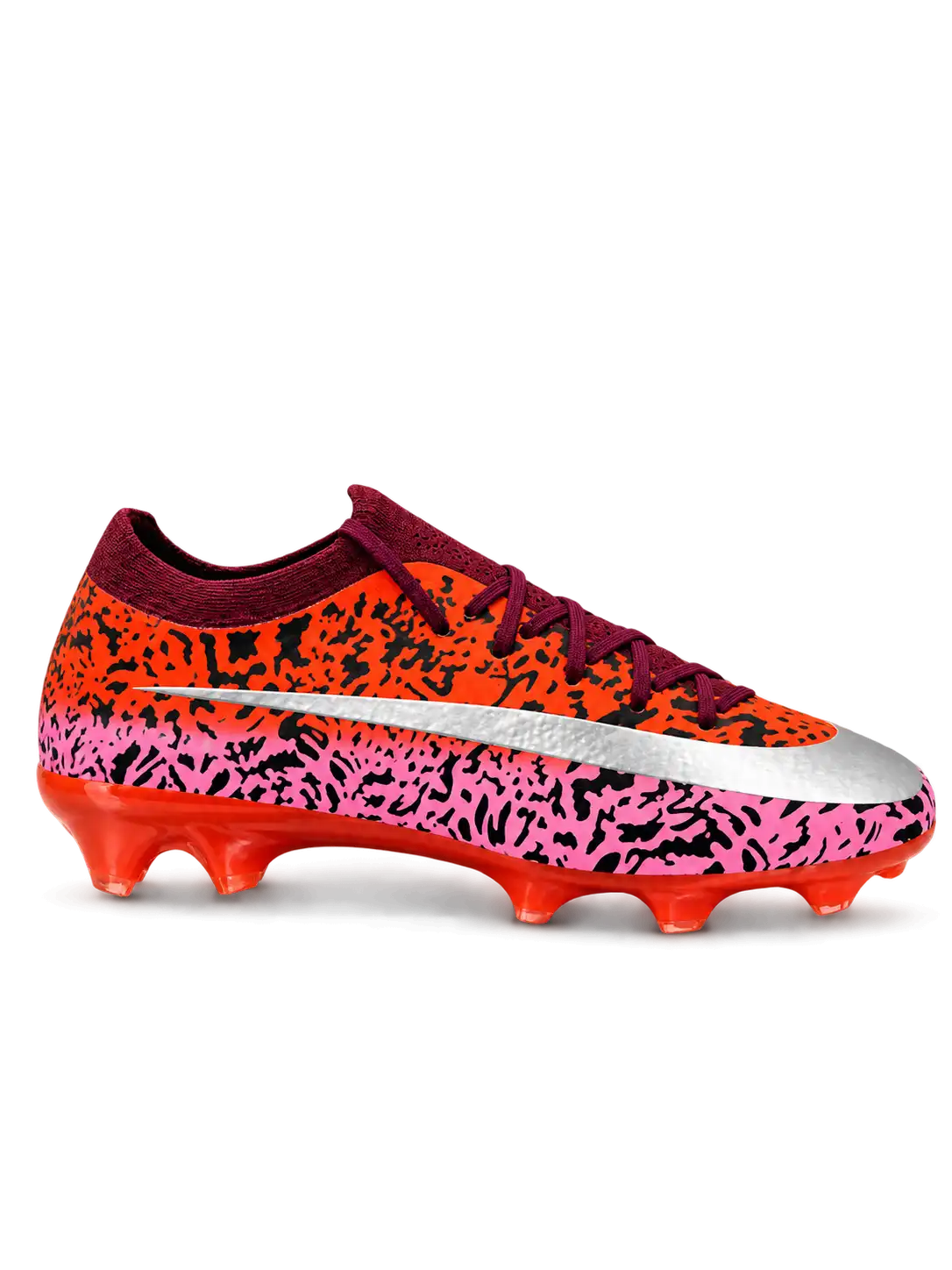 Nike Mercurial-style FG soccer cleats with orange and pink Safari-inspired black graphics, metallic silver Swoosh, burgundy laces, and glossy red studded outsole.