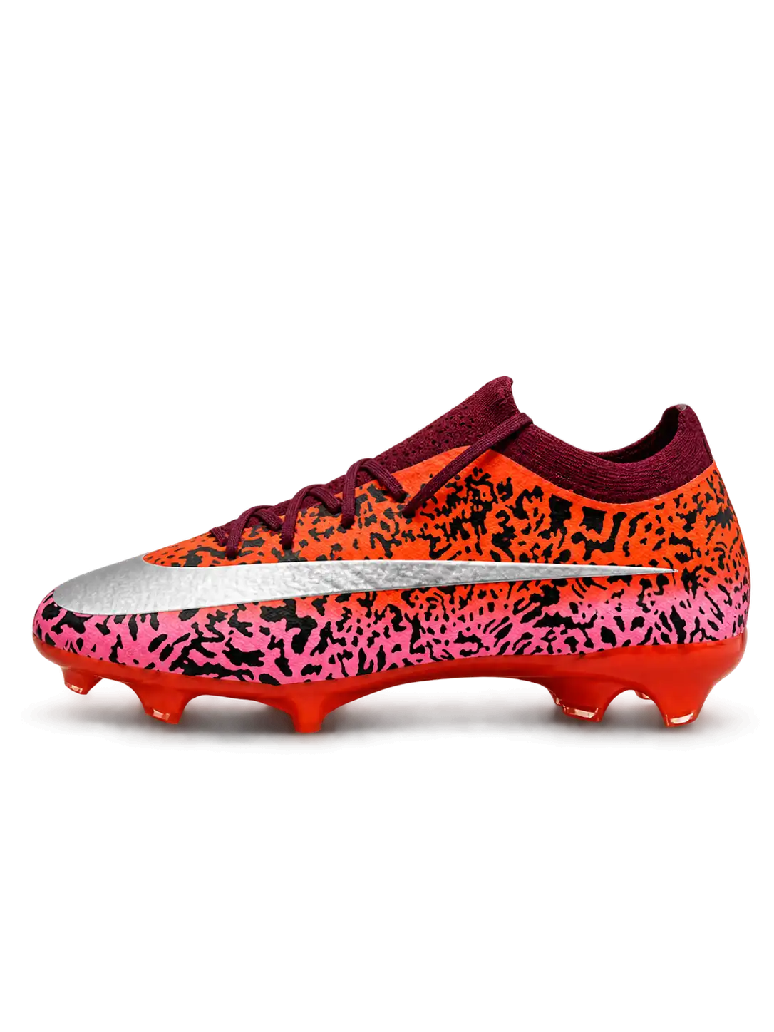 Nike Mercurial-style FG soccer cleats with orange and pink Safari-inspired black graphics, metallic silver Swoosh, burgundy laces, and glossy red studded outsole.