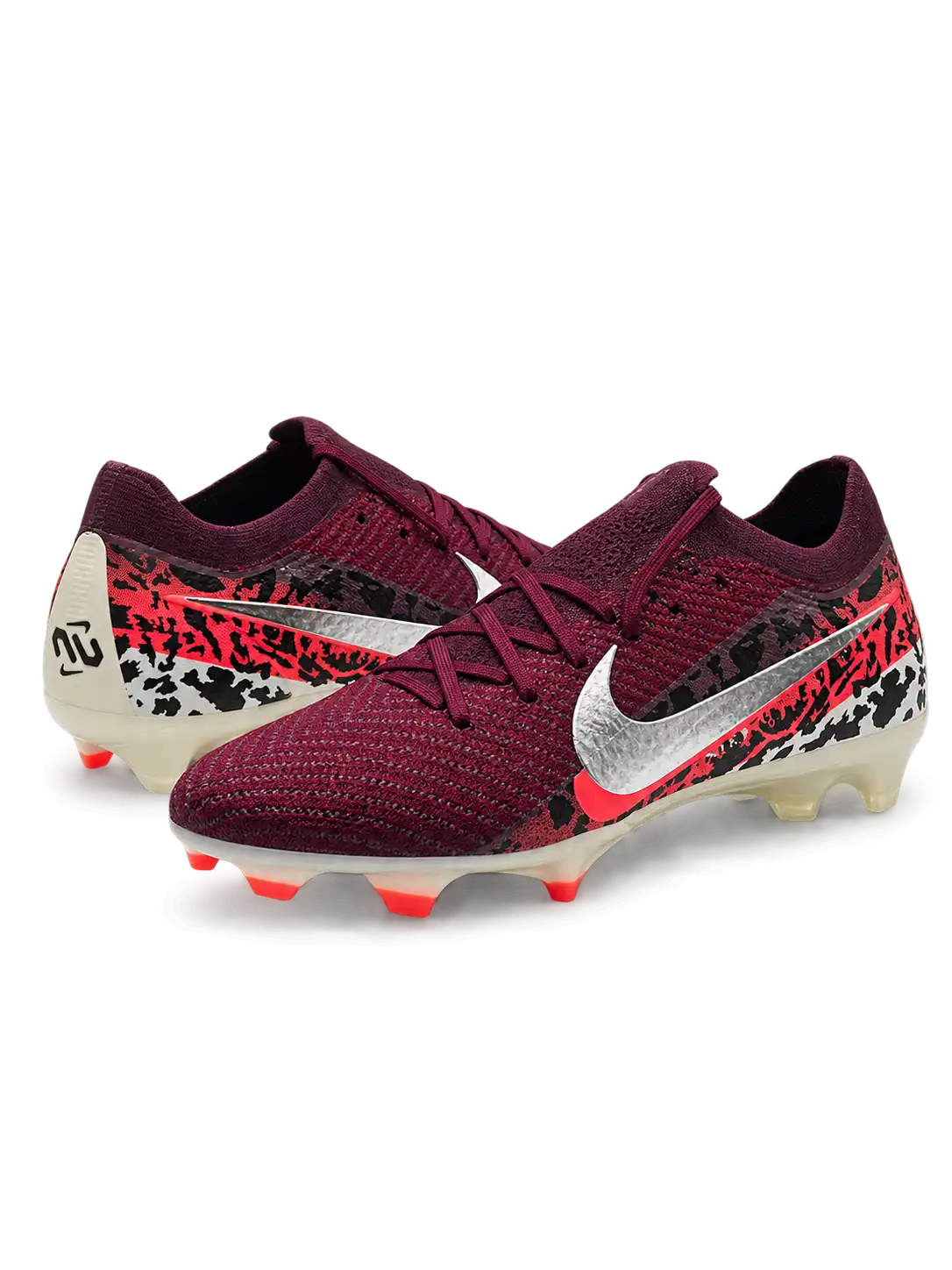 Burgundy Nike Mercurial-style FG soccer cleats with metallic silver Swoosh, black and red Safari-inspired heel graphics, cream outsole, and red stud accents.