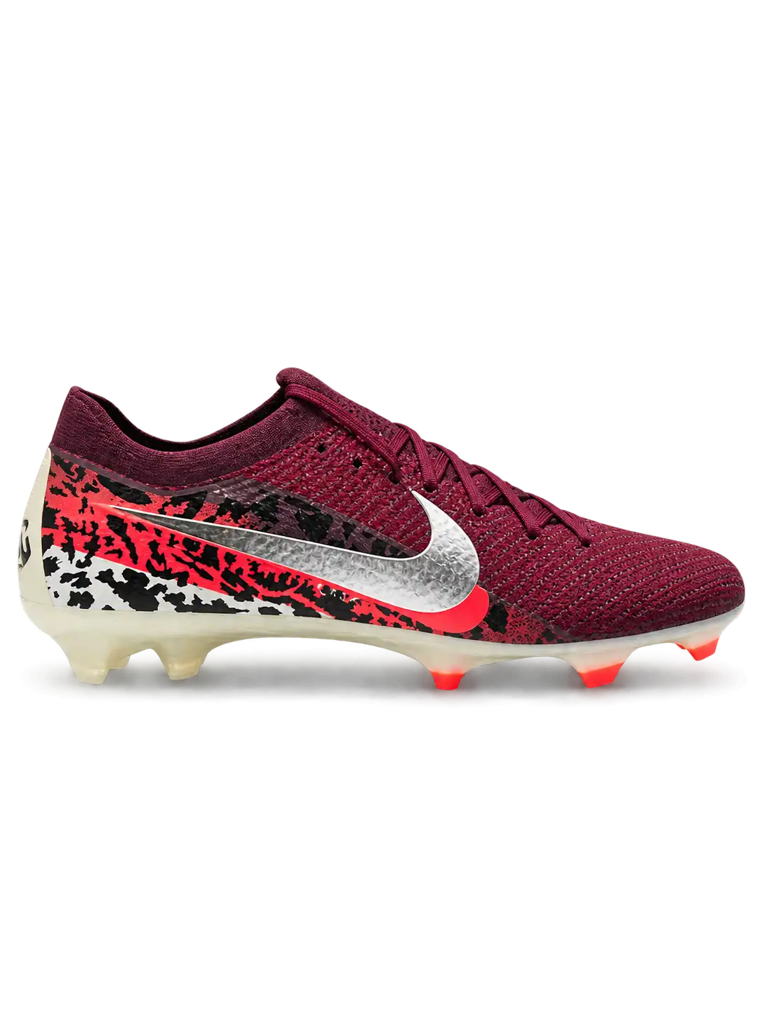 Burgundy Nike Mercurial-style FG soccer cleats with metallic silver Swoosh, black and red Safari-inspired heel graphics, cream outsole, and red stud accents.