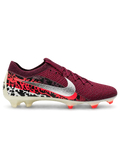 Burgundy Nike Mercurial-style FG soccer cleats with metallic silver Swoosh, black and red Safari-inspired heel graphics, cream outsole, and red stud accents.