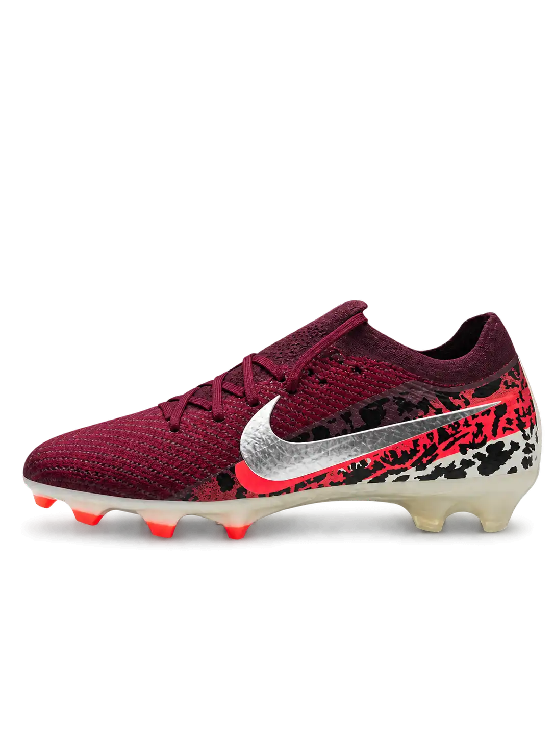 Burgundy Nike Mercurial-style FG soccer cleats with metallic silver Swoosh, black and red Safari-inspired heel graphics, cream outsole, and red stud accents.