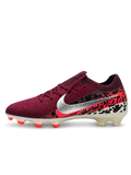 Burgundy Nike Mercurial-style FG soccer cleats with metallic silver Swoosh, black and red Safari-inspired heel graphics, cream outsole, and red stud accents.
