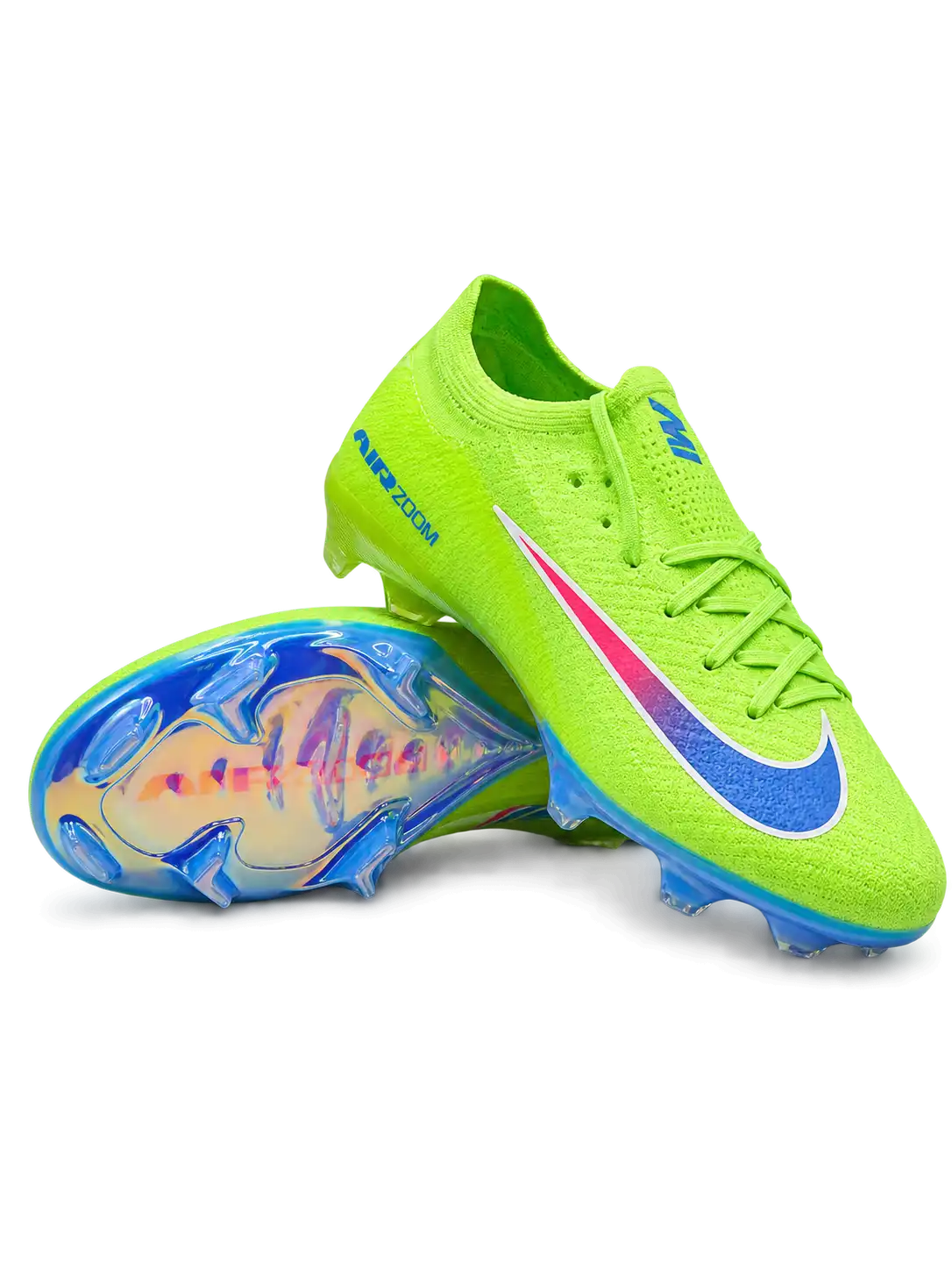 Volt green Nike Mercurial-style FG soccer cleats featuring a pink-to-blue gradient Swoosh, blue AIR ZOOM heel graphics, and iridescent blue outsole.