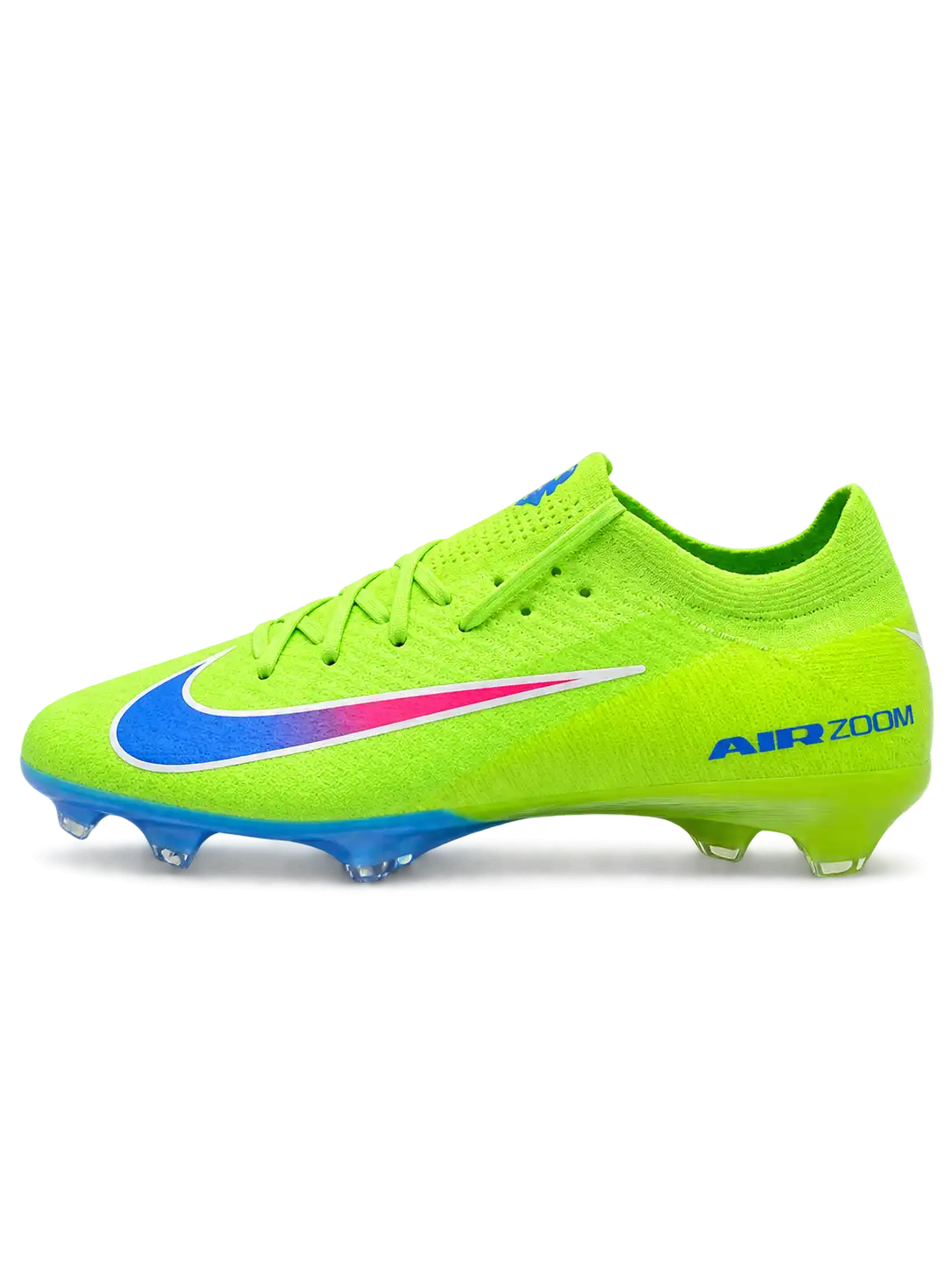 Volt green Nike Mercurial-style FG soccer cleats featuring a pink-to-blue gradient Swoosh, blue AIR ZOOM heel graphics, and iridescent blue outsole.