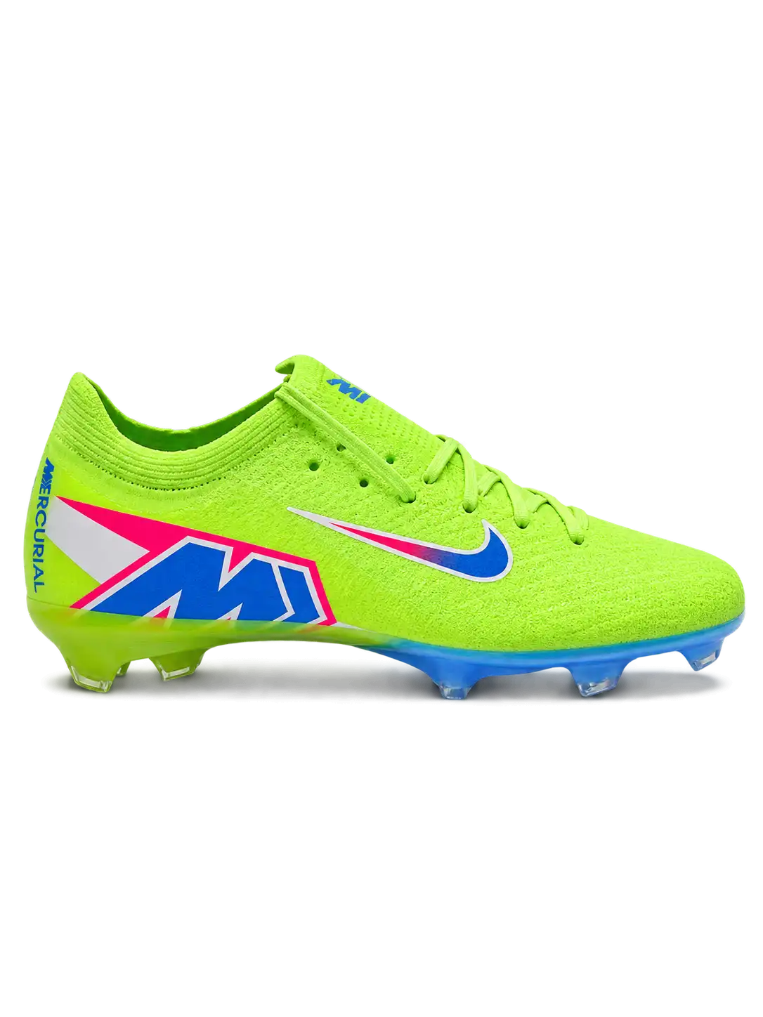 Volt green Nike Mercurial-style FG soccer cleats featuring a pink-to-blue gradient Swoosh, blue AIR ZOOM heel graphics, and iridescent blue outsole.