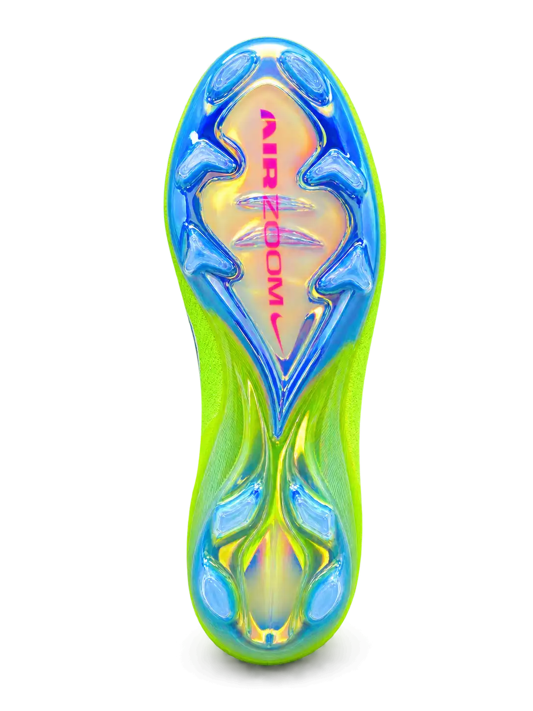 Volt green Nike Mercurial-style FG soccer cleats featuring a pink-to-blue gradient Swoosh, blue AIR ZOOM heel graphics, and iridescent blue outsole.