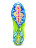 Volt green Nike Mercurial-style FG soccer cleats featuring a pink-to-blue gradient Swoosh, blue AIR ZOOM heel graphics, and iridescent blue outsole.