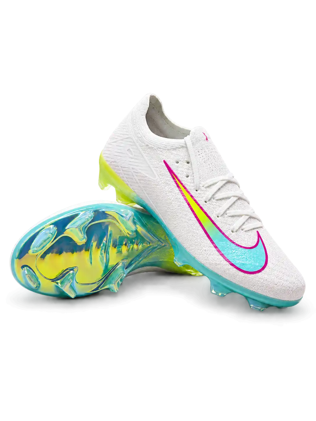 White Nike Mercurial-style FG soccer cleats with turquoise and neon yellow Swoosh outlined in pink, white laces, and iridescent aqua outsole.