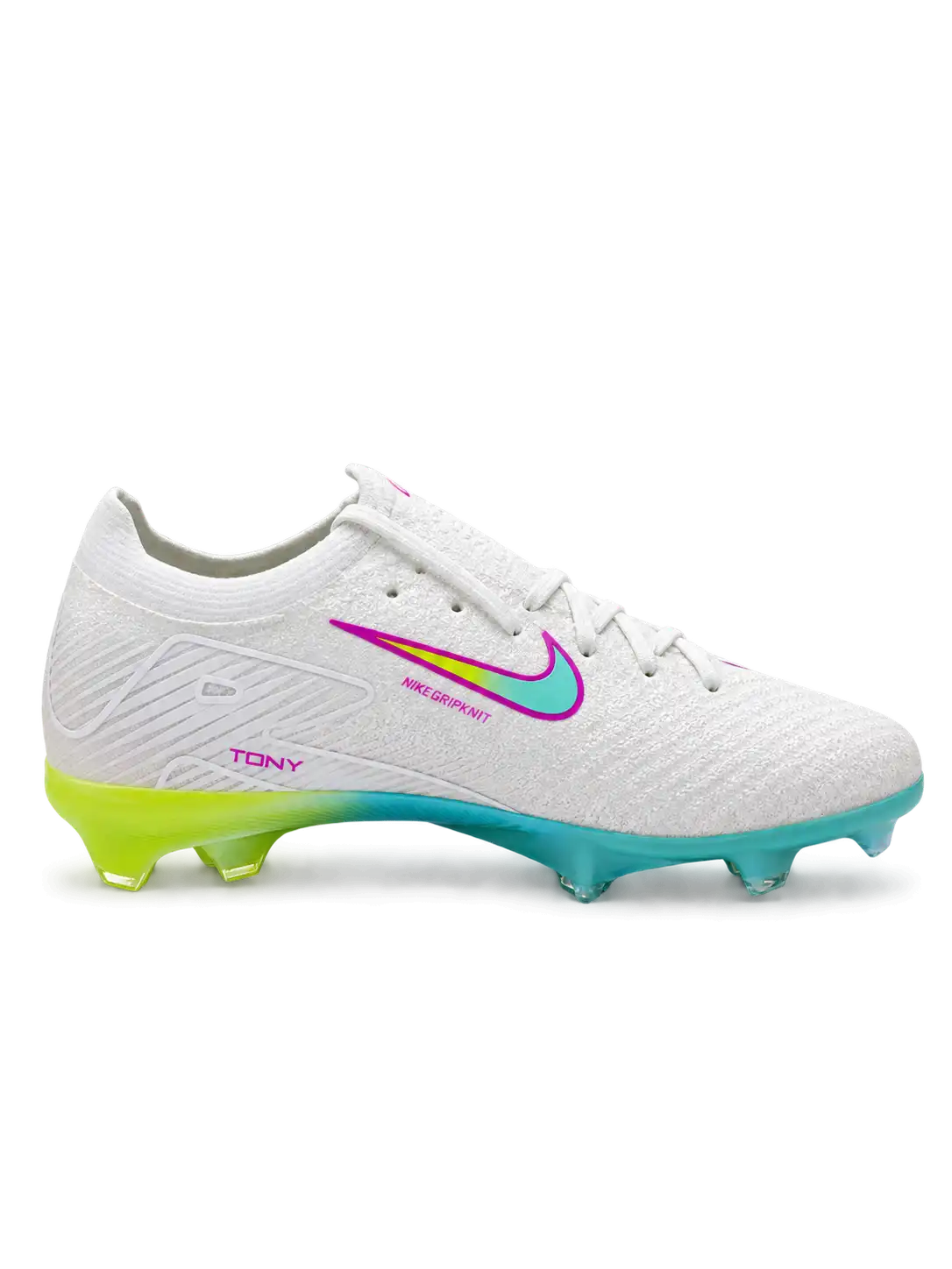 White Nike Mercurial-style FG soccer cleats with turquoise and neon yellow Swoosh outlined in pink, white laces, and iridescent aqua outsole.