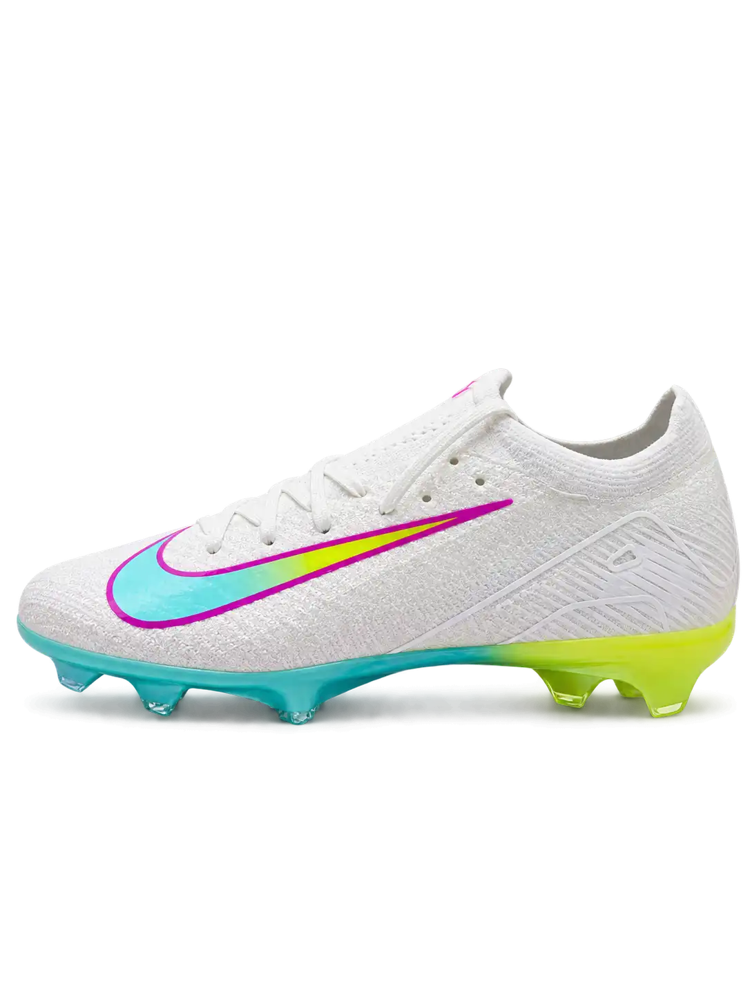 White Nike Mercurial-style FG soccer cleats with turquoise and neon yellow Swoosh outlined in pink, white laces, and iridescent aqua outsole.