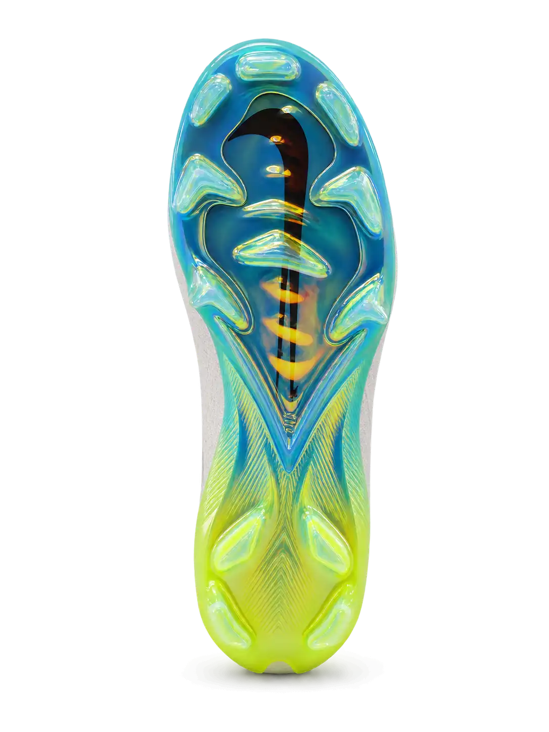 White Nike Mercurial-style FG soccer cleats with turquoise and neon yellow Swoosh outlined in pink, white laces, and iridescent aqua outsole.