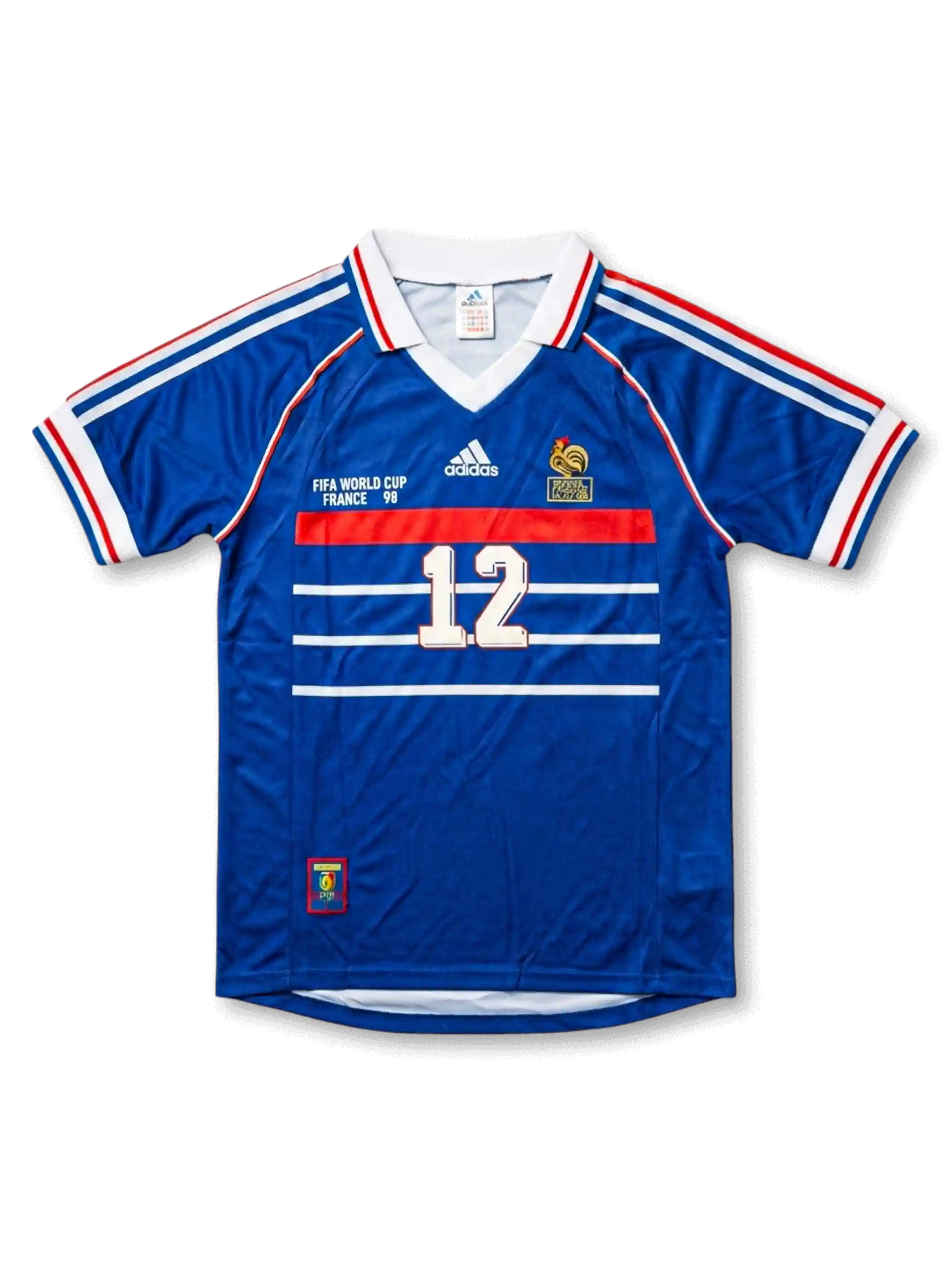 Front view of France 1998 World Cup home shirt in blue with white chest stripes, red trim, tournament print, and number 12 on the front.