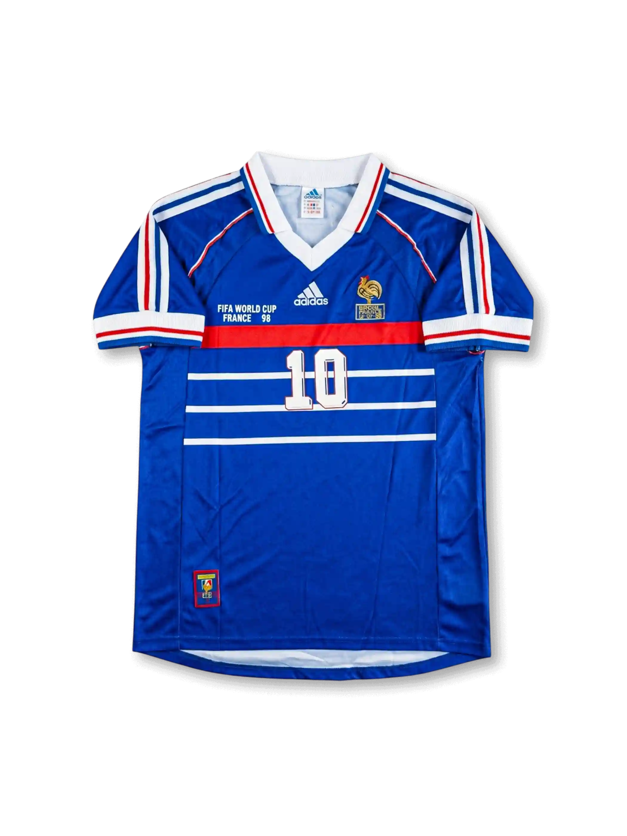 Front view of France 1998 World Cup home shirt in blue with white chest stripes, red chest band, tournament print, and number 10 on the front.