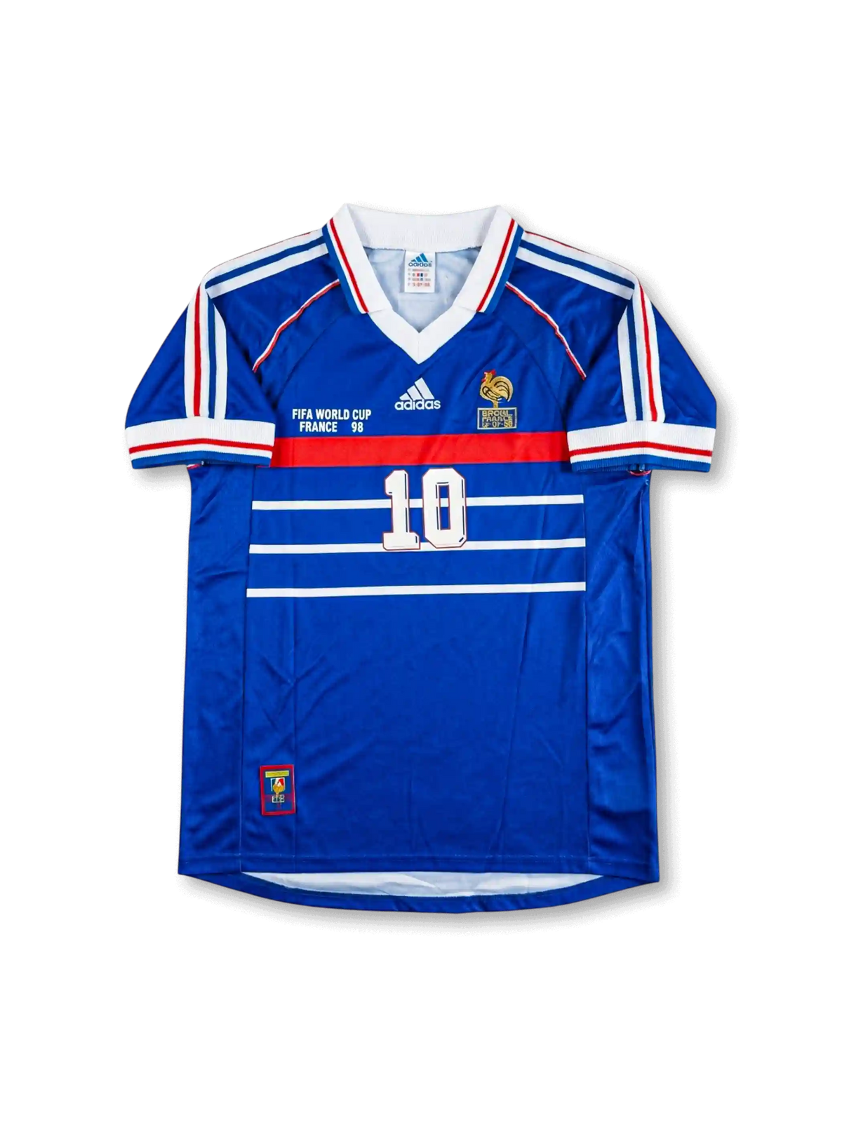 Front view of France 1998 World Cup home shirt in blue with white chest stripes, red chest band, tournament print, and number 10 on the front.