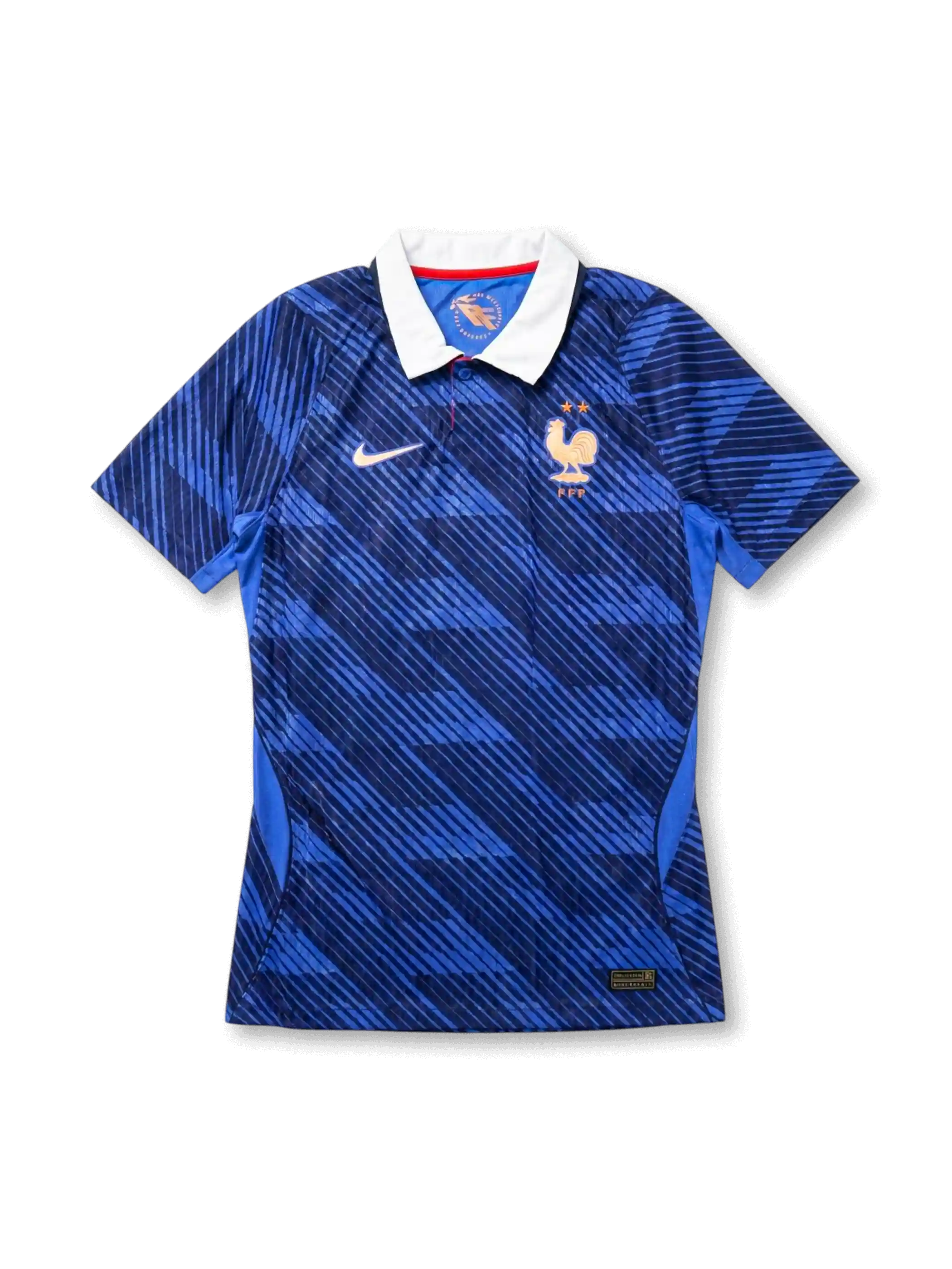 France national team Nike 2026 World Cup Authentic (Player Issue) home jersey in royal blue with diagonal navy camo print, white polo collar with red inner lining, white Swoosh at left chest, two-star gold Gallic cockerel crest at right chest