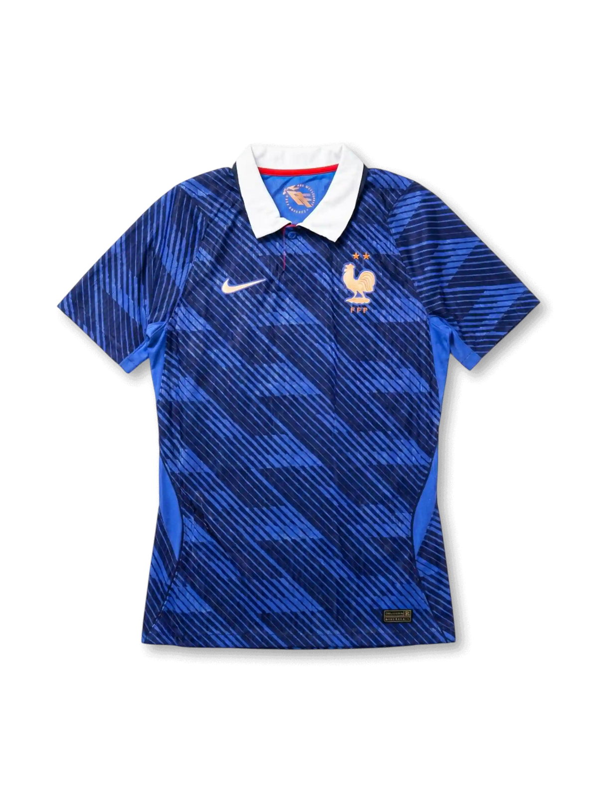France national team Nike 2026 World Cup Authentic (Player Issue) home jersey in royal blue with diagonal navy camo print, white polo collar with red inner lining, white Swoosh at left chest, two-star gold Gallic cockerel crest at right chest