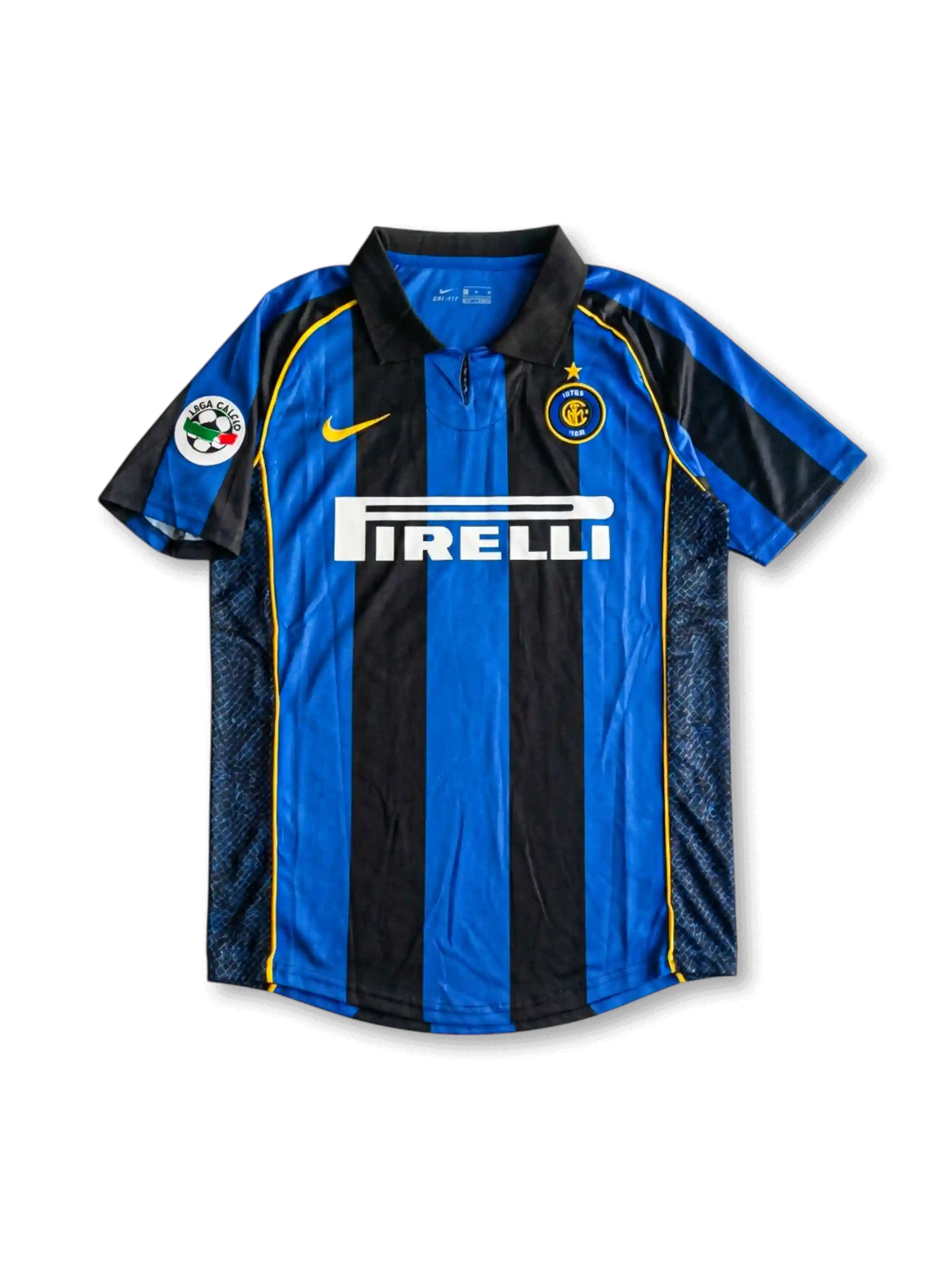 Front view of Inter home shirt in black and blue stripes with Pirelli sponsor, yellow swoosh, club crest, fold-over collar, and league sleeve patch.