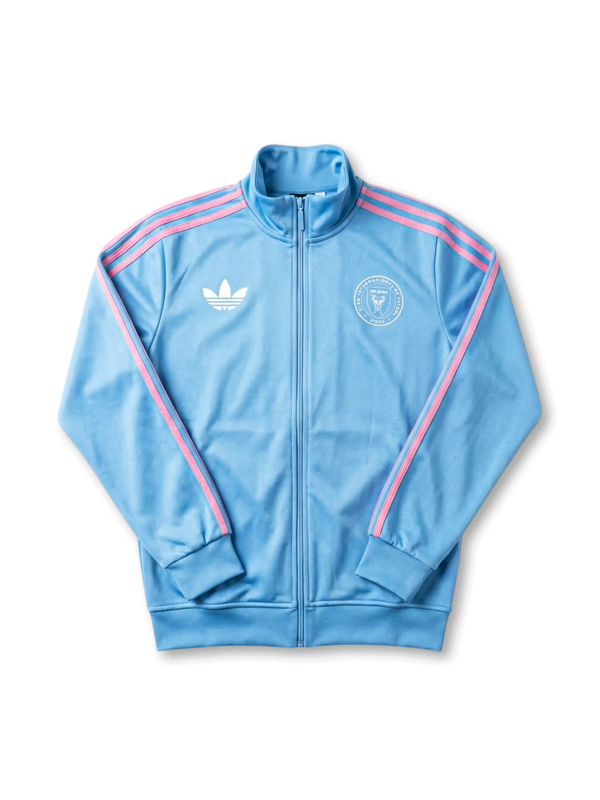 Inter Miami CF adidas Originals Firebird track jacket in sky blue with pink Three Stripes on sleeves, white Trefoil at left chest, white circular Inter Miami CF crest at right chest, ribbed collar and cuffs