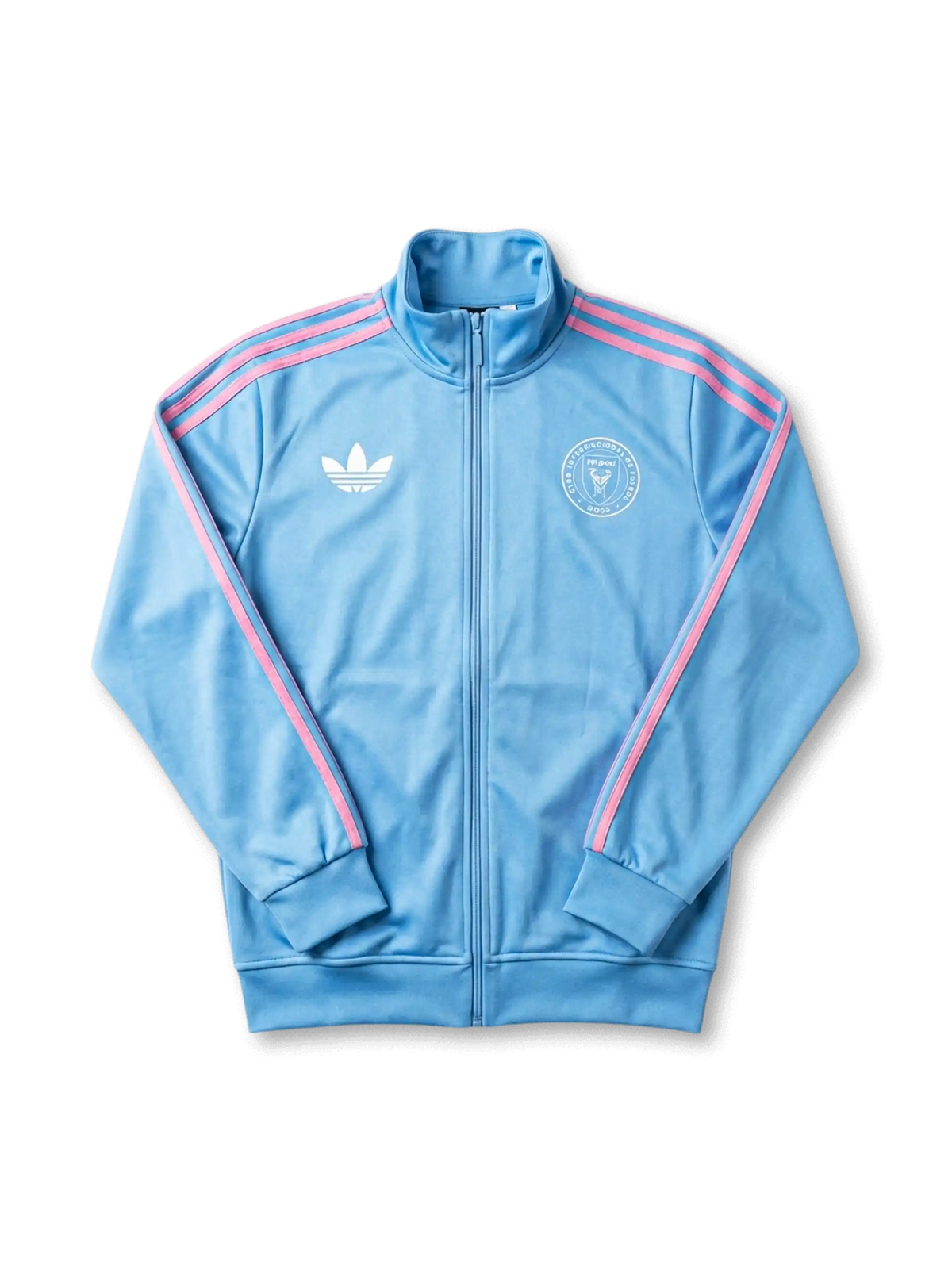 Inter Miami CF adidas Originals Firebird track jacket in sky blue with pink Three Stripes on sleeves, white Trefoil at left chest, white circular Inter Miami CF crest at right chest, ribbed collar and cuffs