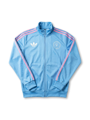 Inter Miami CF adidas Originals Firebird track jacket in sky blue with pink Three Stripes on sleeves, white Trefoil at left chest, white circular Inter Miami CF crest at right chest, ribbed collar and cuffs