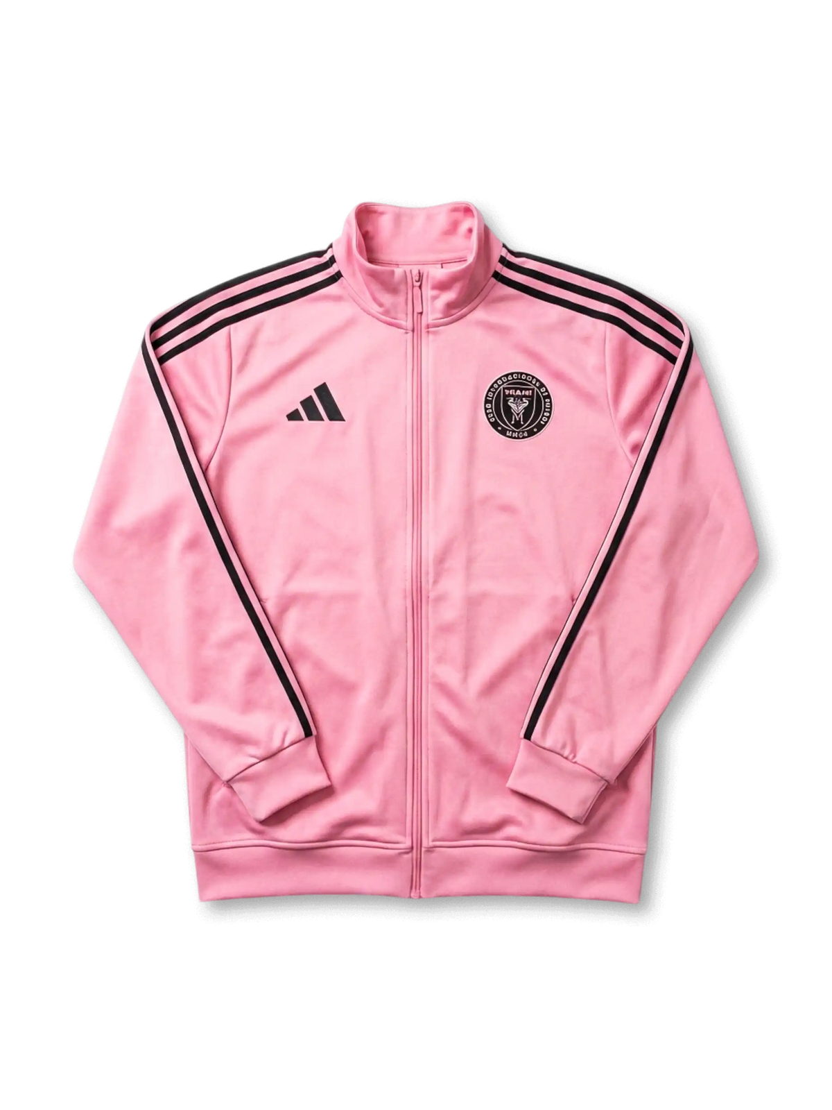 Inter Miami CF adidas track jacket in pink with black Three Stripes on sleeves, black adidas logo at left chest, tonal black circular Inter Miami CF crest at right chest, ribbed collar and cuffs