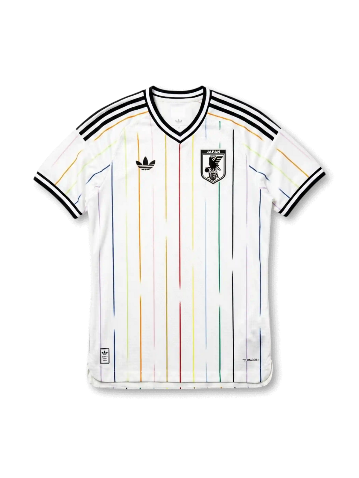Japan national team adidas 2026 World Cup Authentic (Player Issue) away jersey in white with multicolor rainbow vertical pinstripes, black V-neck collar, black Three Stripes on shoulders, Trefoil at left chest, JFA eagle crest at right chest