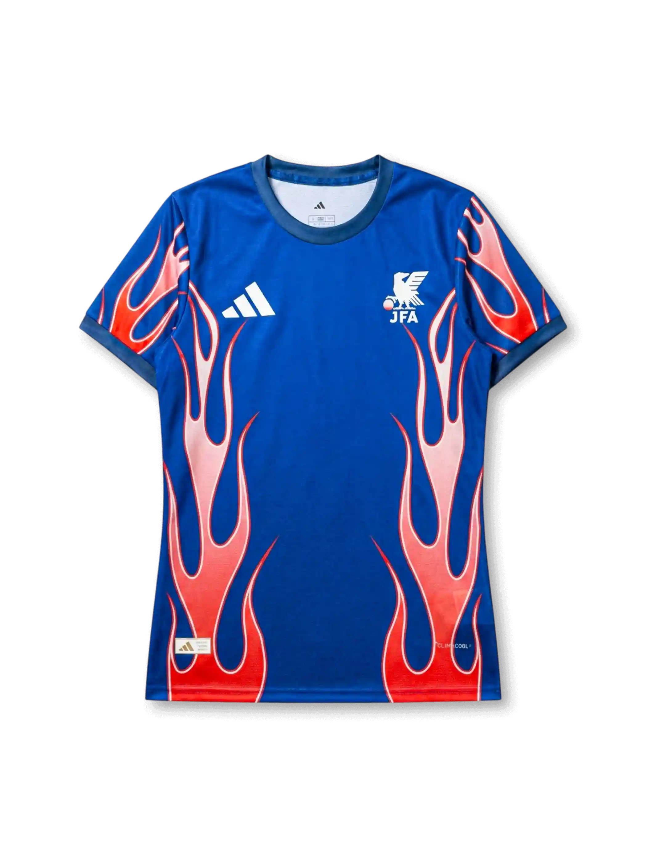Japan national team adidas 2026/27 Sacred Flame Special Edition Authentic (Player Issue) jersey in royal blue with red and white flame graphics rising from hem and sleeves, white adidas Three Bars logo at left chest, JFA eagle crest at right chest, teal-navy collar