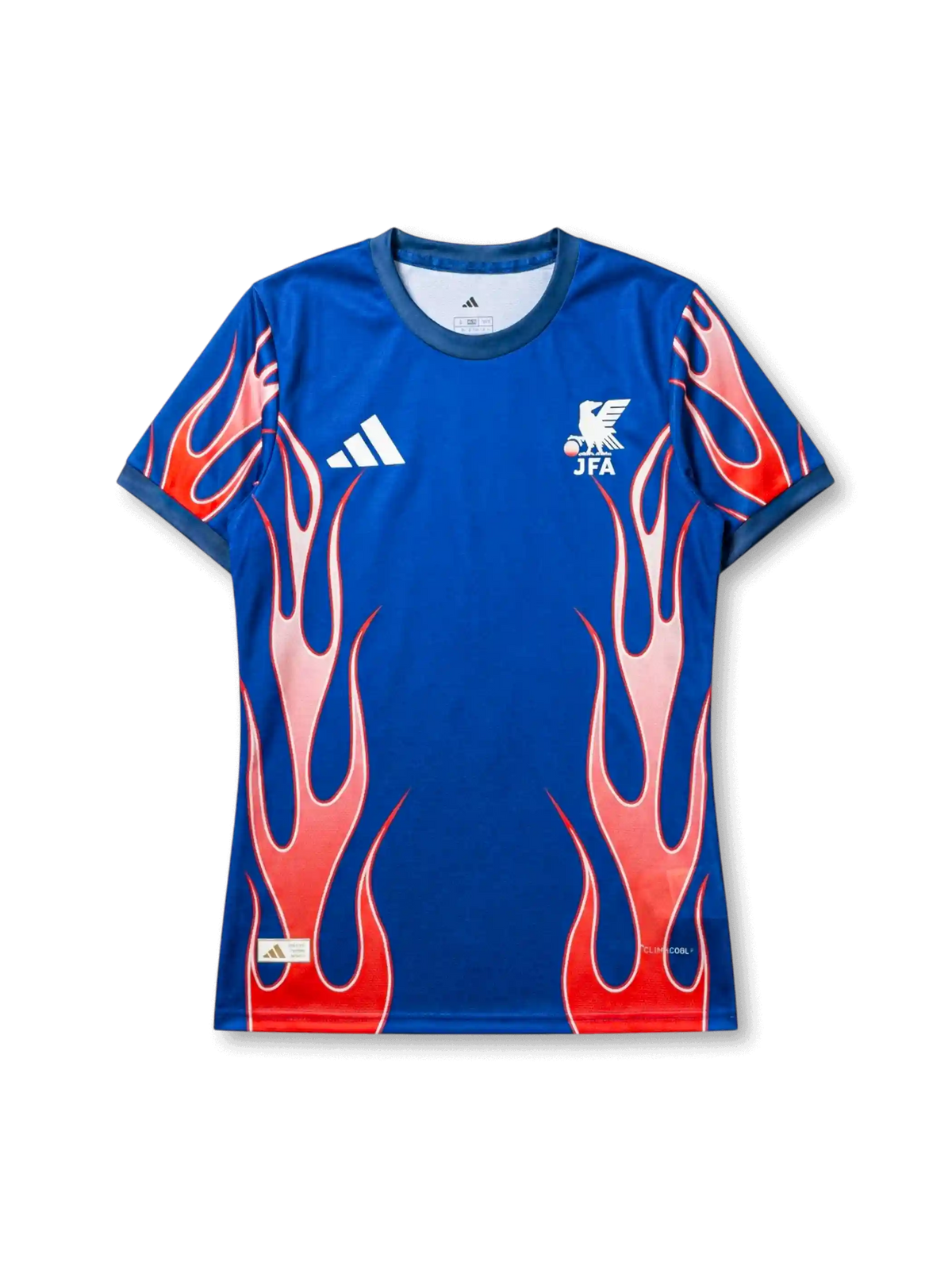 Japan national team adidas 2026/27 Sacred Flame Special Edition Authentic (Player Issue) jersey in royal blue with red and white flame graphics rising from hem and sleeves, white adidas Three Bars logo at left chest, JFA eagle crest at right chest, teal-navy collar