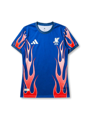 Japan national team adidas 2026/27 Sacred Flame Special Edition Authentic (Player Issue) jersey in royal blue with red and white flame graphics rising from hem and sleeves, white adidas Three Bars logo at left chest, JFA eagle crest at right chest, teal-navy collar