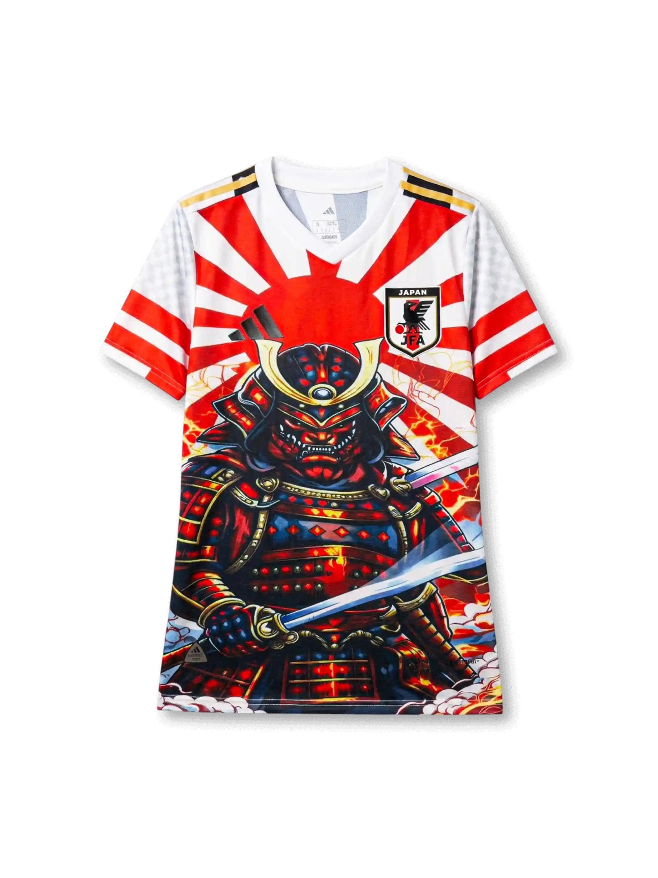 Japan national team adidas Special Edition jersey front showing full photographic samurai warrior illustration in red, black, and gold armor against rising sun background with lightning and flames, JFA eagle crest and JAPAN text at upper chest