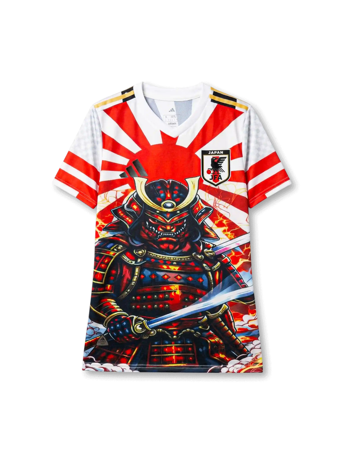 Japan national team adidas Special Edition jersey front showing full photographic samurai warrior illustration in red, black, and gold armor against rising sun background with lightning and flames, JFA eagle crest and JAPAN text at upper chest