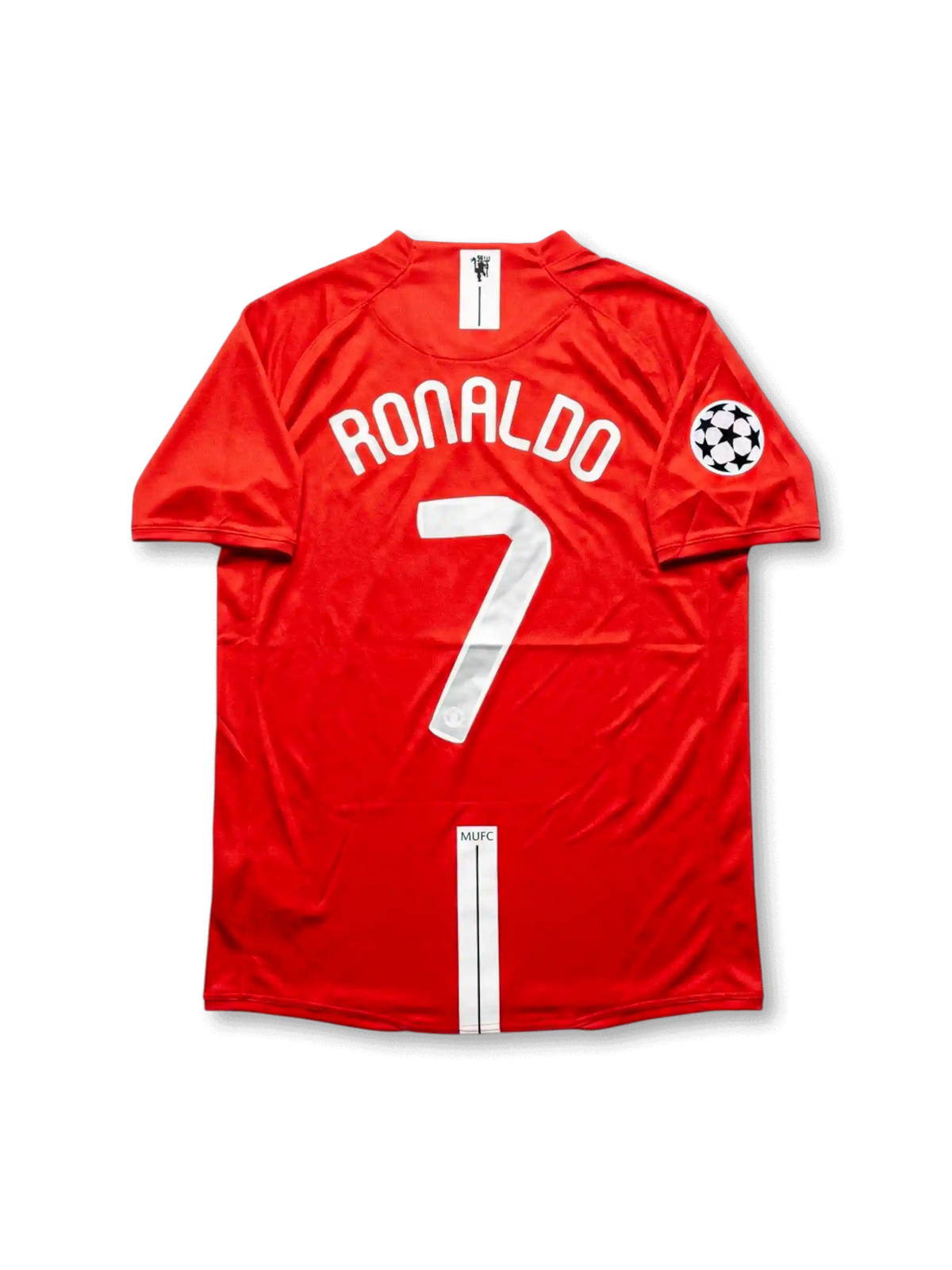 Front view of Manchester United 2008 Champions League Final home shirt in red with AIG sponsor, club crest, Moscow final embroidery, and Champions League sleeve patch.