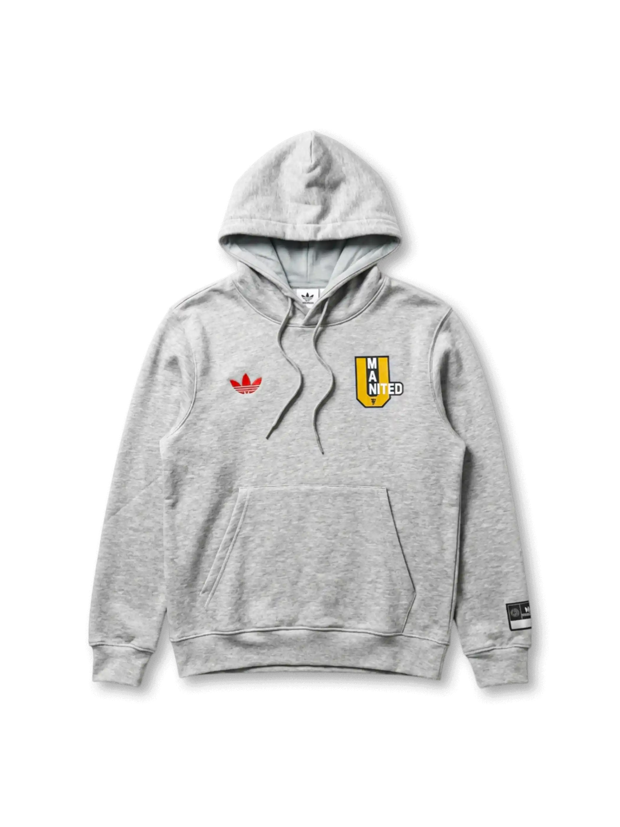 Manchester United adidas Originals grey marl collegiate hoodie with red Trefoil at left chest, yellow MAN UNITED shield badge at right chest, and co-branded woven label at sleeve